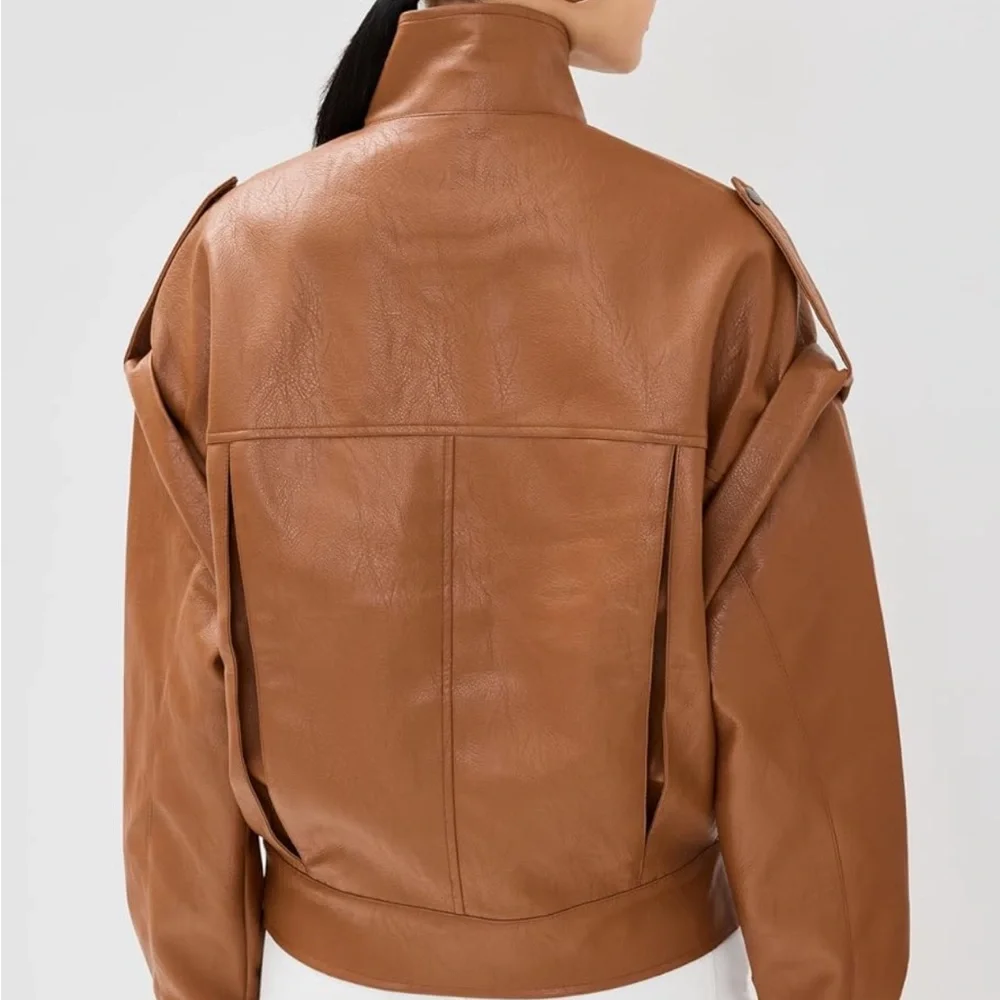Lioness Brown Leather Jacket with Stand-Up Collar and Oversized Fit - Picture 2 of 5